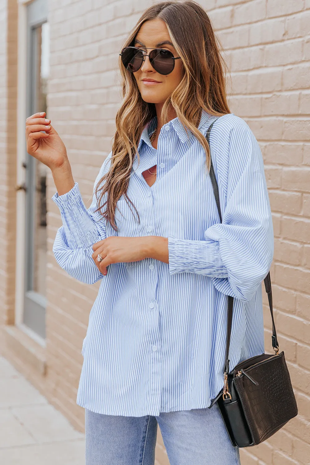3 Striped Lantern Sleeve Collared Shirt
