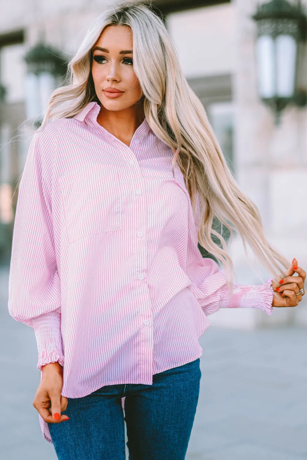 3 Striped Lantern Sleeve Collared Shirt