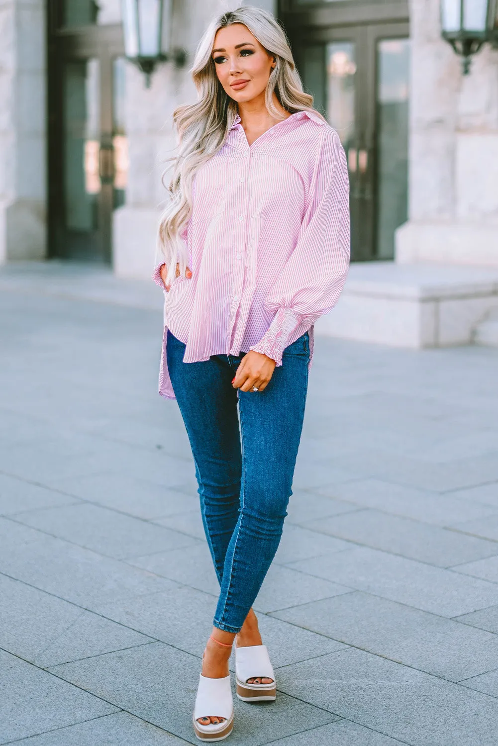 3 Striped Lantern Sleeve Collared Shirt