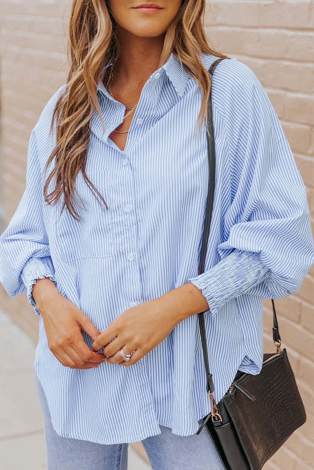 3 Striped Lantern Sleeve Collared Shirt