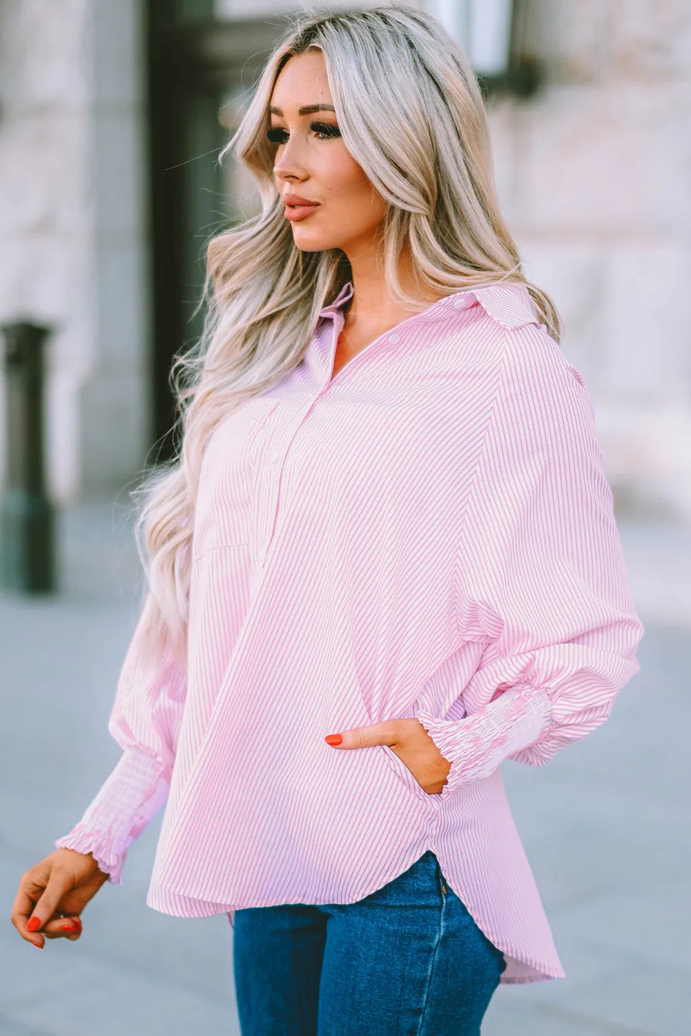 3 Striped Lantern Sleeve Collared Shirt