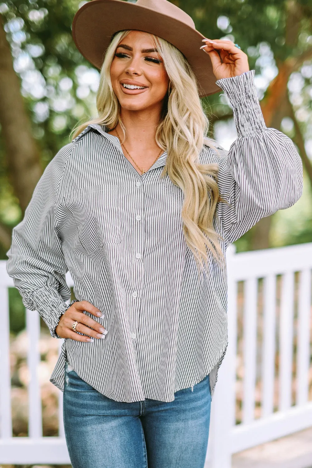 3 Striped Lantern Sleeve Collared Shirt