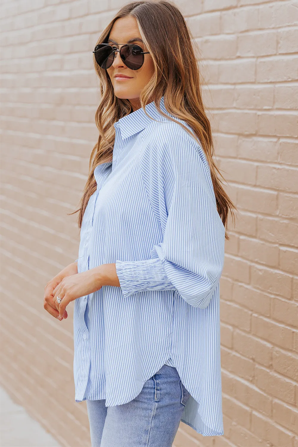 3 Striped Lantern Sleeve Collared Shirt