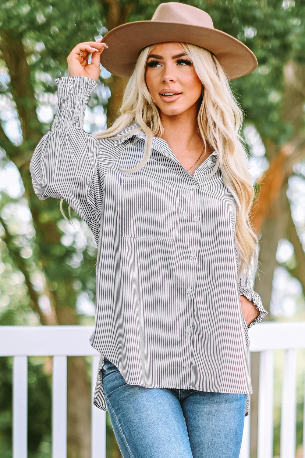 3 Striped Lantern Sleeve Collared Shirt