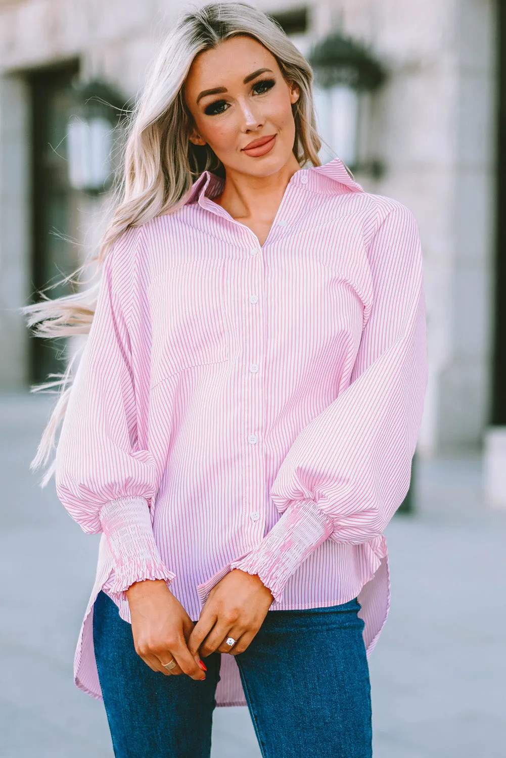 3 Striped Lantern Sleeve Collared Shirt