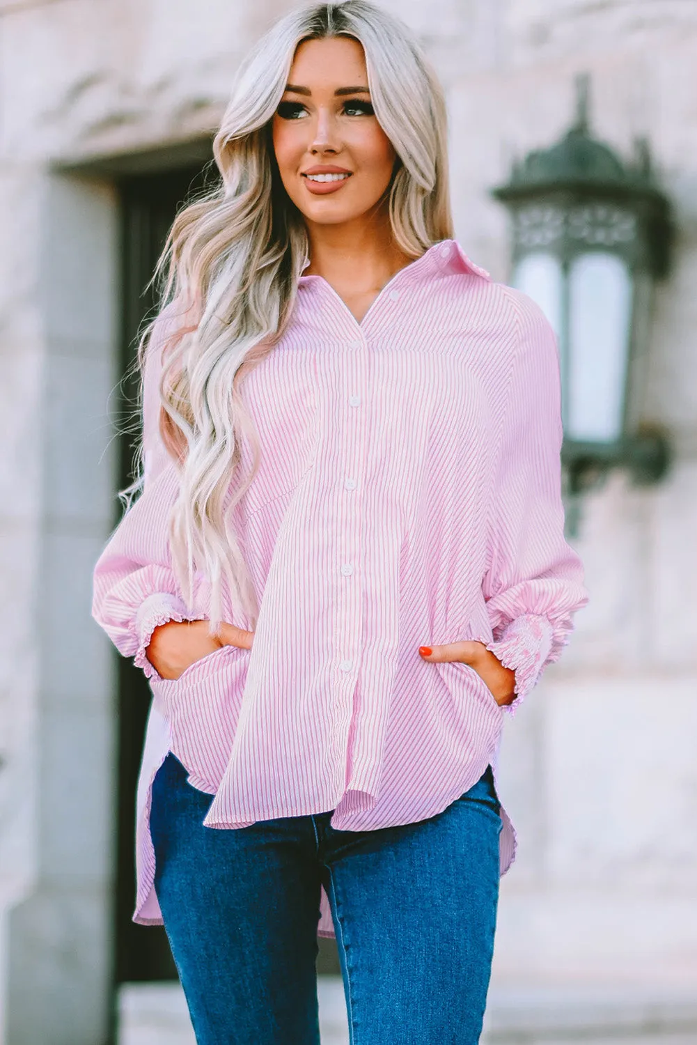 3 Striped Lantern Sleeve Collared Shirt