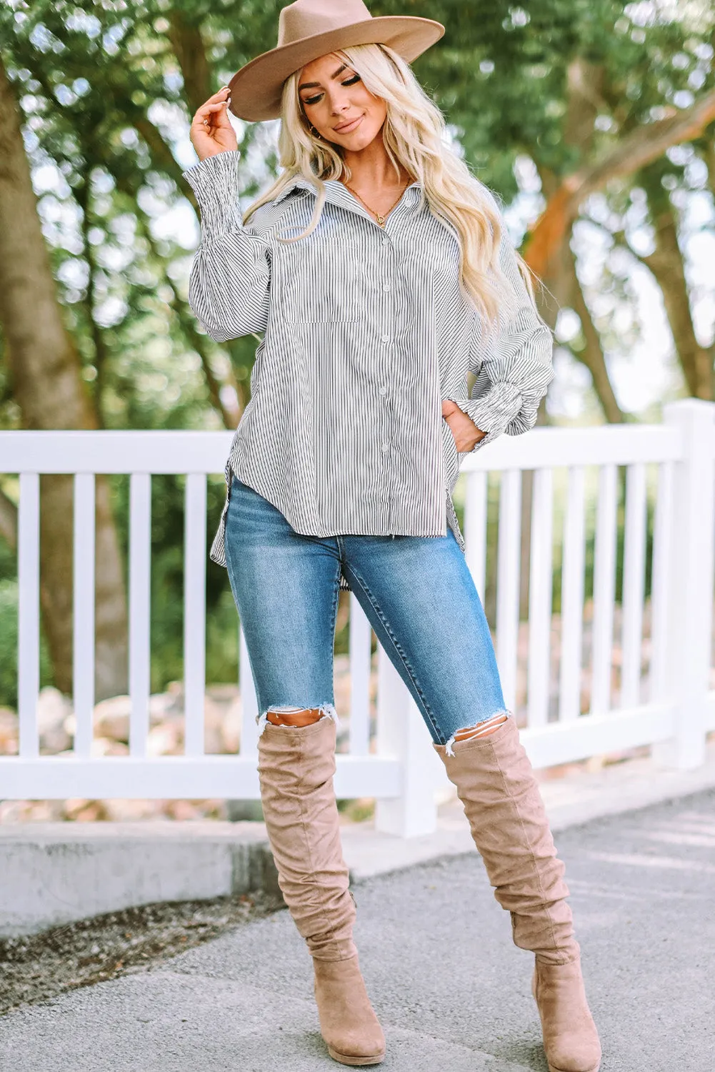 3 Striped Lantern Sleeve Collared Shirt