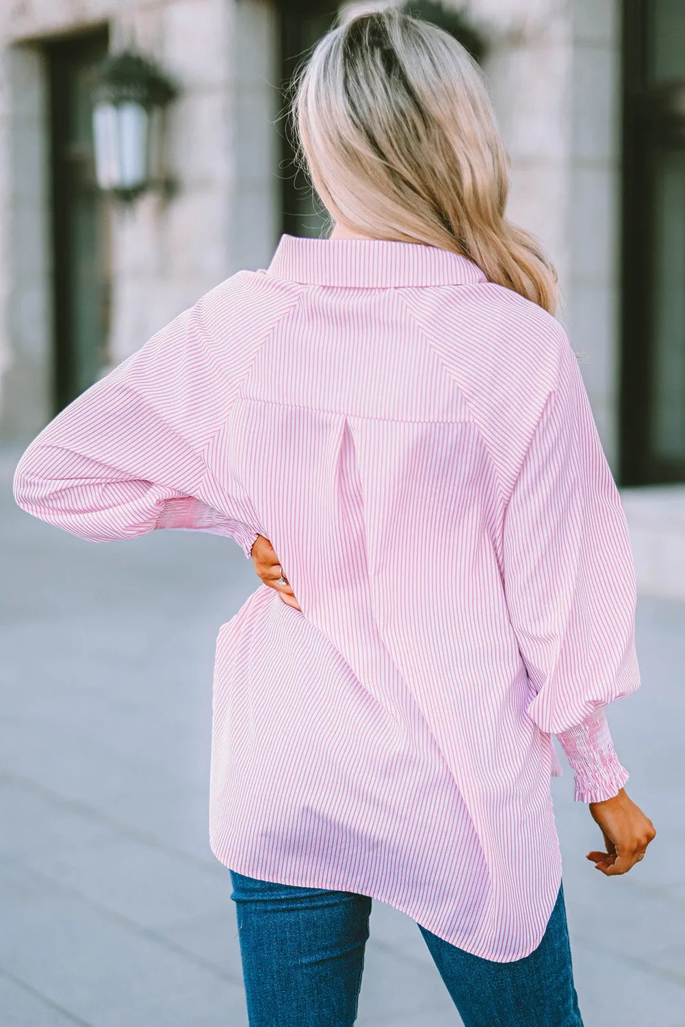 3 Striped Lantern Sleeve Collared Shirt