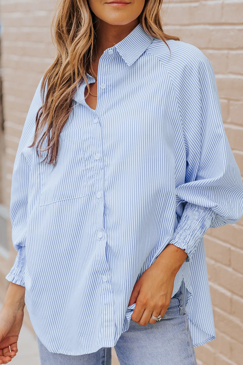 3 Striped Lantern Sleeve Collared Shirt
