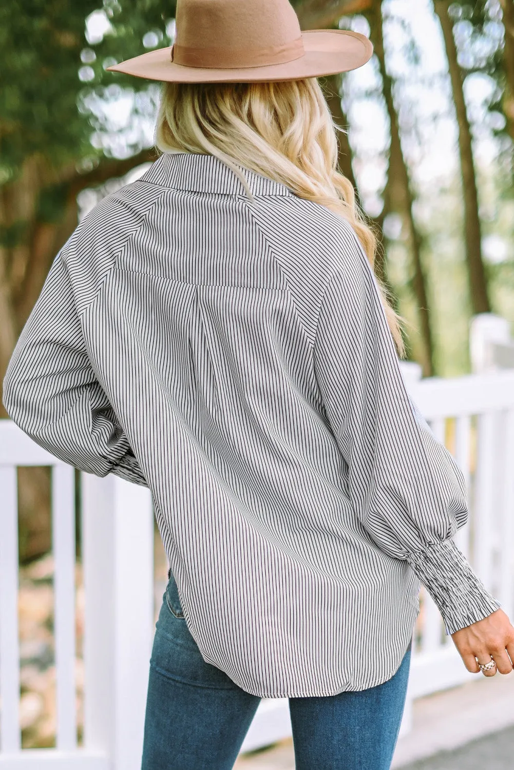 3 Striped Lantern Sleeve Collared Shirt