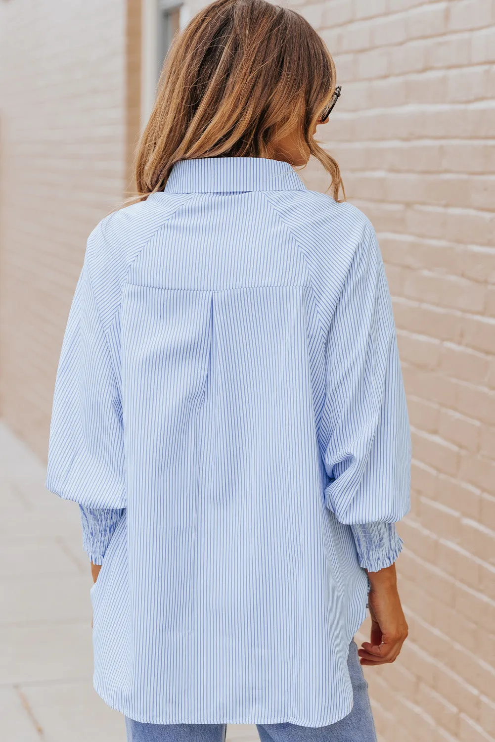 3 Striped Lantern Sleeve Collared Shirt