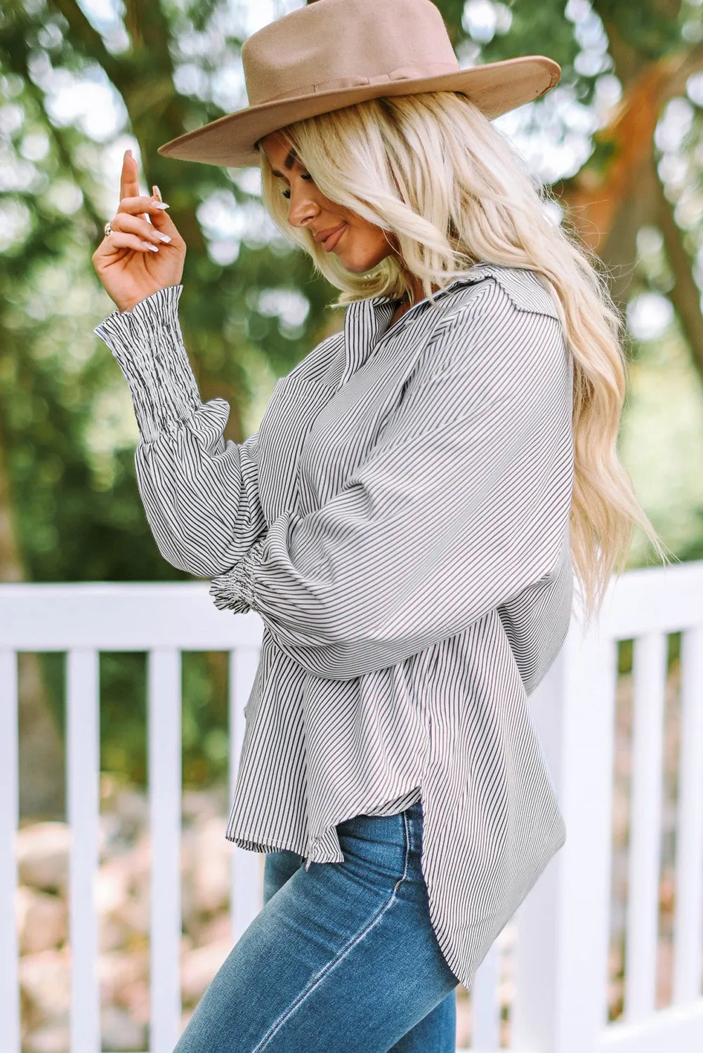 3 Striped Lantern Sleeve Collared Shirt