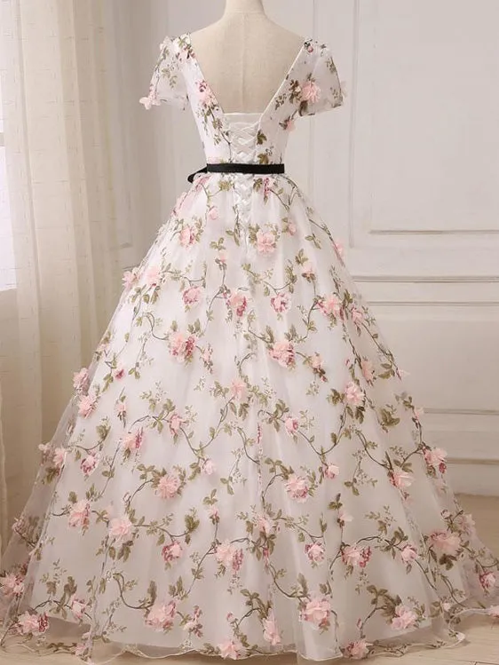 A-line V-Neck Floor-Length Tulle Appliqued Short Sleeve Prom Dresses HX0040