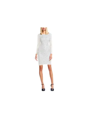 ADRIANNA PAPELL Womens Ivory Sequined Zippered Lined Long Sleeve Boat Neck Above The Knee Evening Sheath Dress