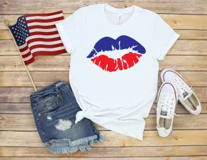 All American Lips- Fourth of July Adult T Shirt - Independence Day - Memorial - Red White and Blue