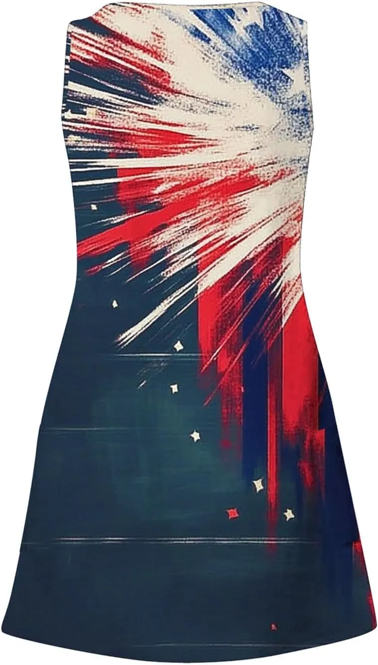 American Flag Dress Women 4th of July Patriotic Sundresses Crew Neck Sleeveless Stars Stripes Mini Dress with Pocket