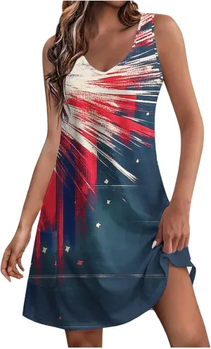 American Flag Dress Women 4th of July Patriotic Sundresses Crew Neck Sleeveless Stars Stripes Mini Dress with Pocket