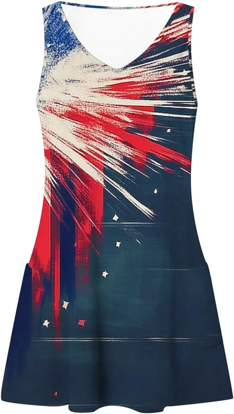 American Flag Dress Women 4th of July Patriotic Sundresses Crew Neck Sleeveless Stars Stripes Mini Dress with Pocket
