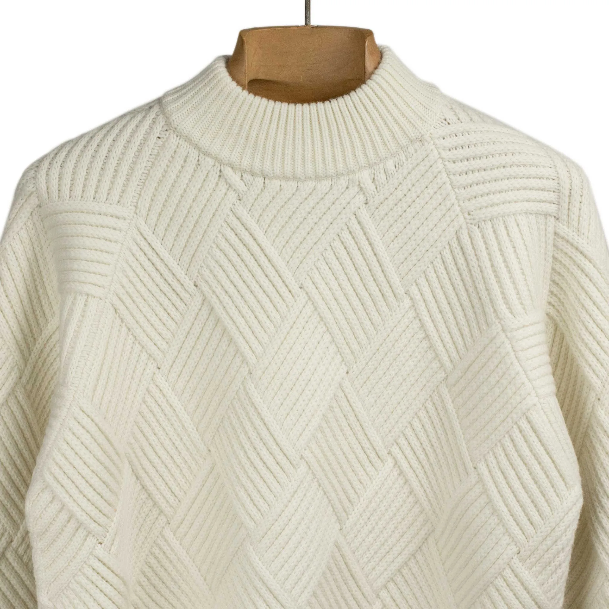 Basketweave mockneck sweater in white Merino wool
