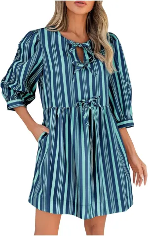 Beach Dress 2025 Women Hollow Out Three Quarter Sleeve Babydoll Dresses Elegant Tie Front Striped Mini Dresses