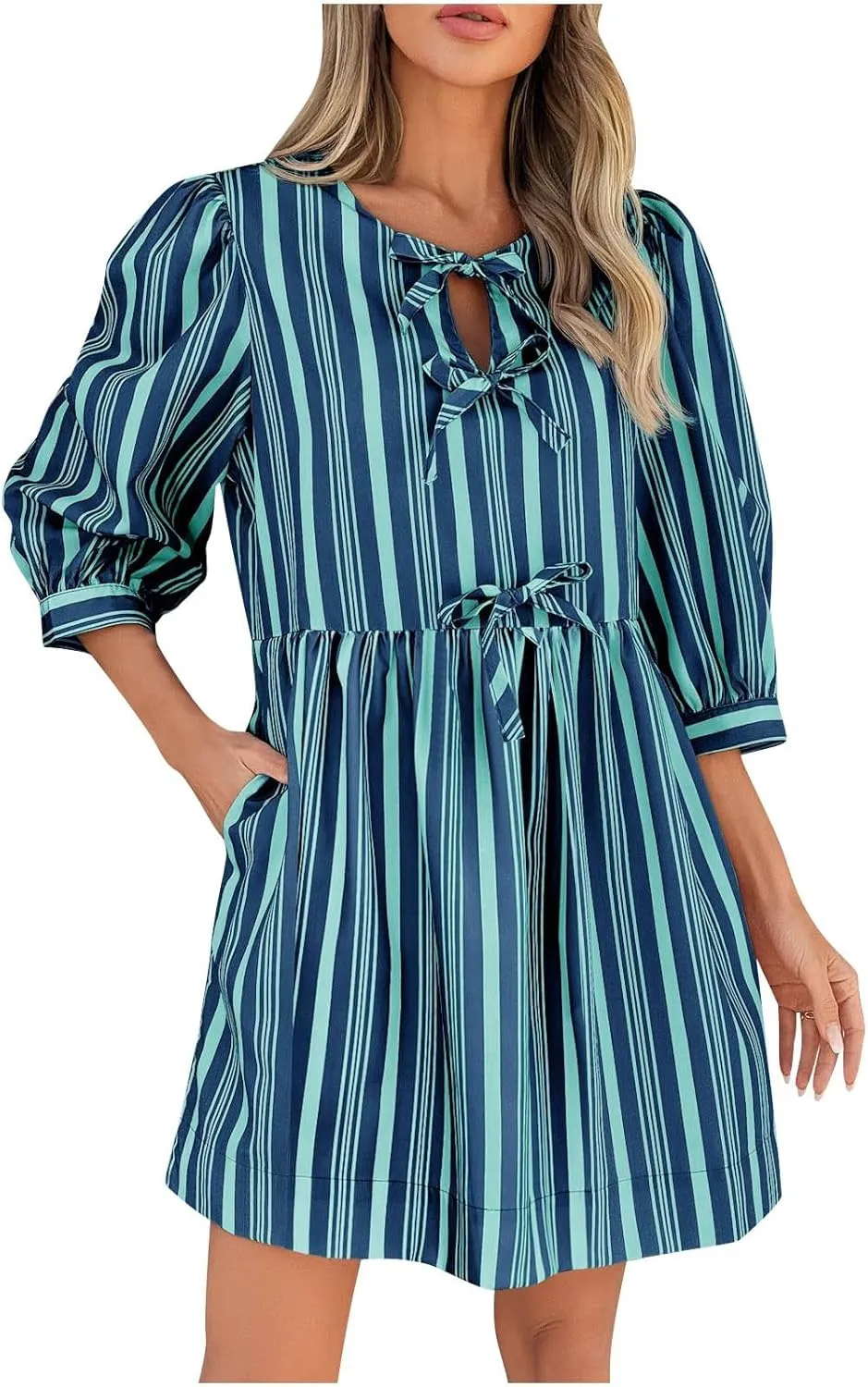 Beach Dress 2025 Women Hollow Out Three Quarter Sleeve Babydoll Dresses Elegant Tie Front Striped Mini Dresses