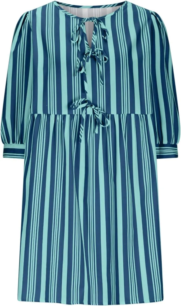 Beach Dress 2025 Women Hollow Out Three Quarter Sleeve Babydoll Dresses Elegant Tie Front Striped Mini Dresses
