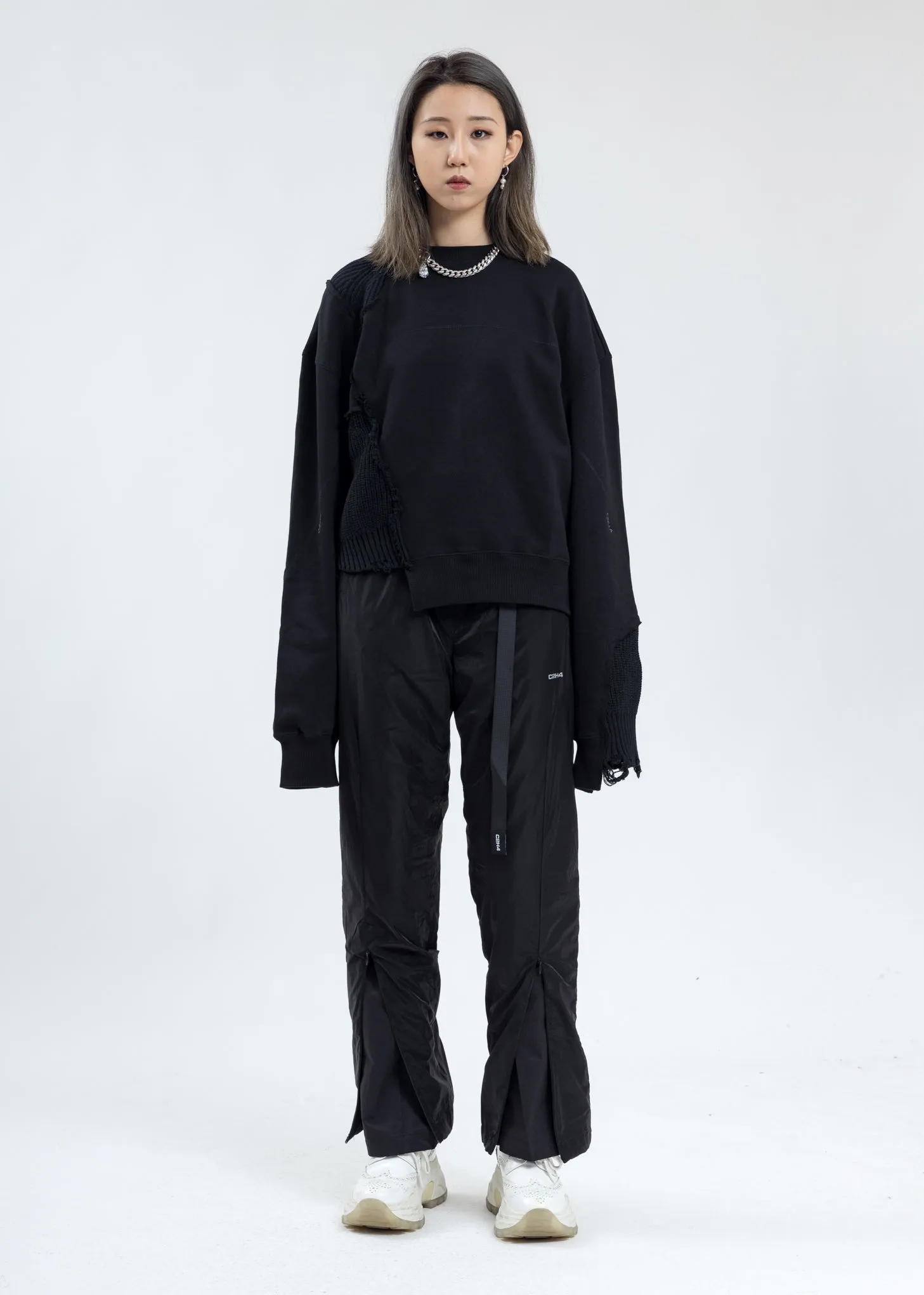 Black Distressed Paneled Crewneck