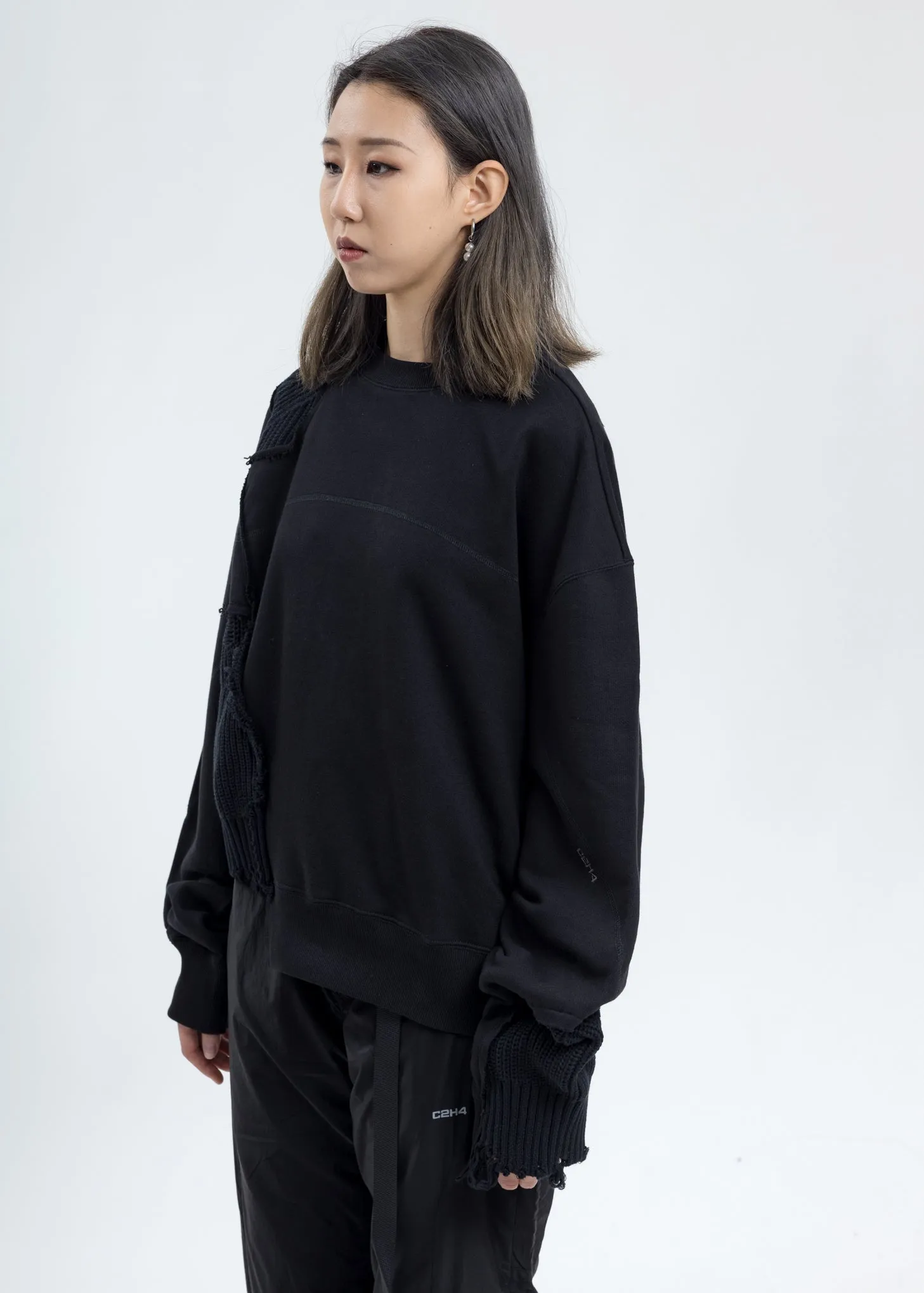 Black Distressed Paneled Crewneck