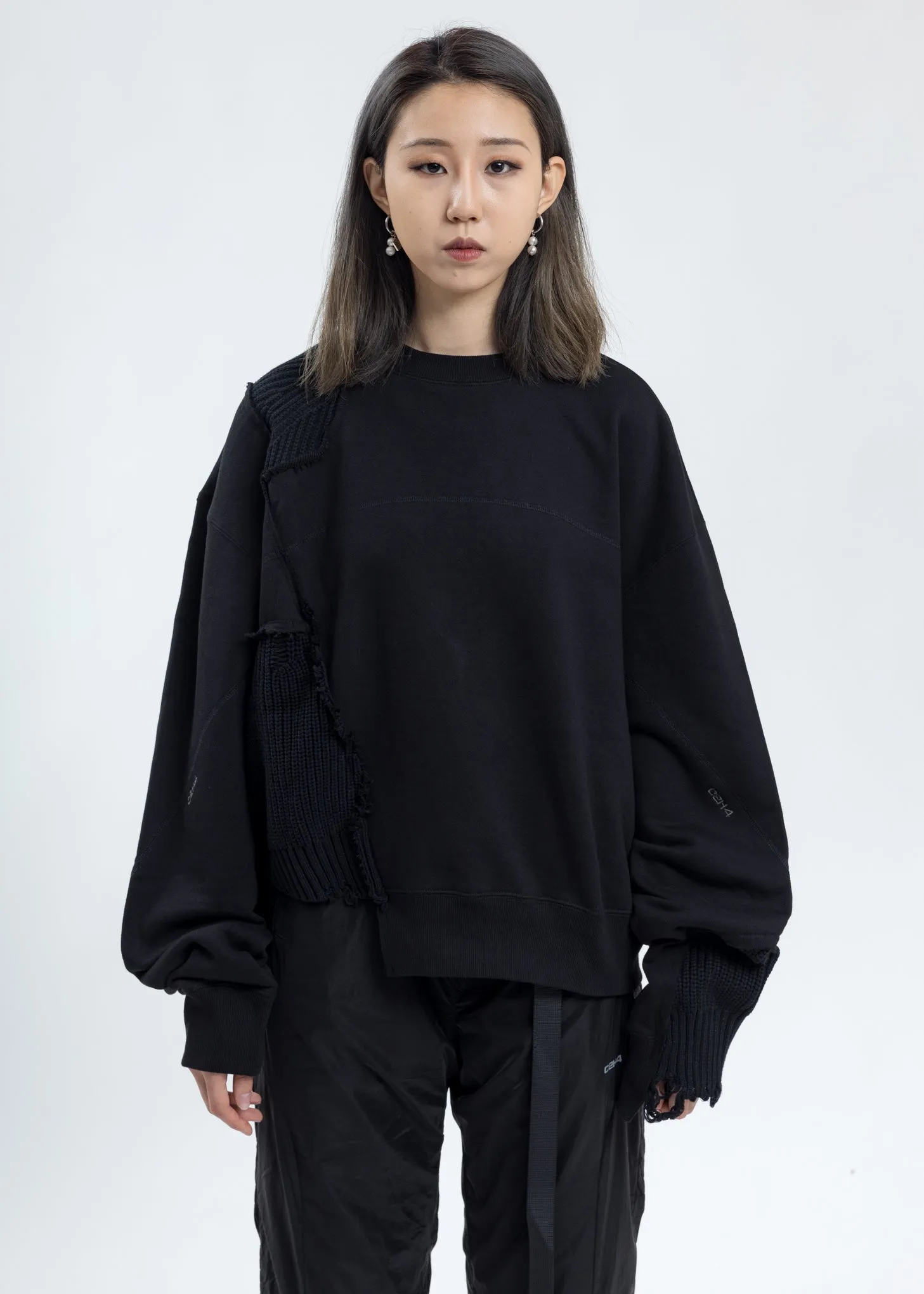 Black Distressed Paneled Crewneck