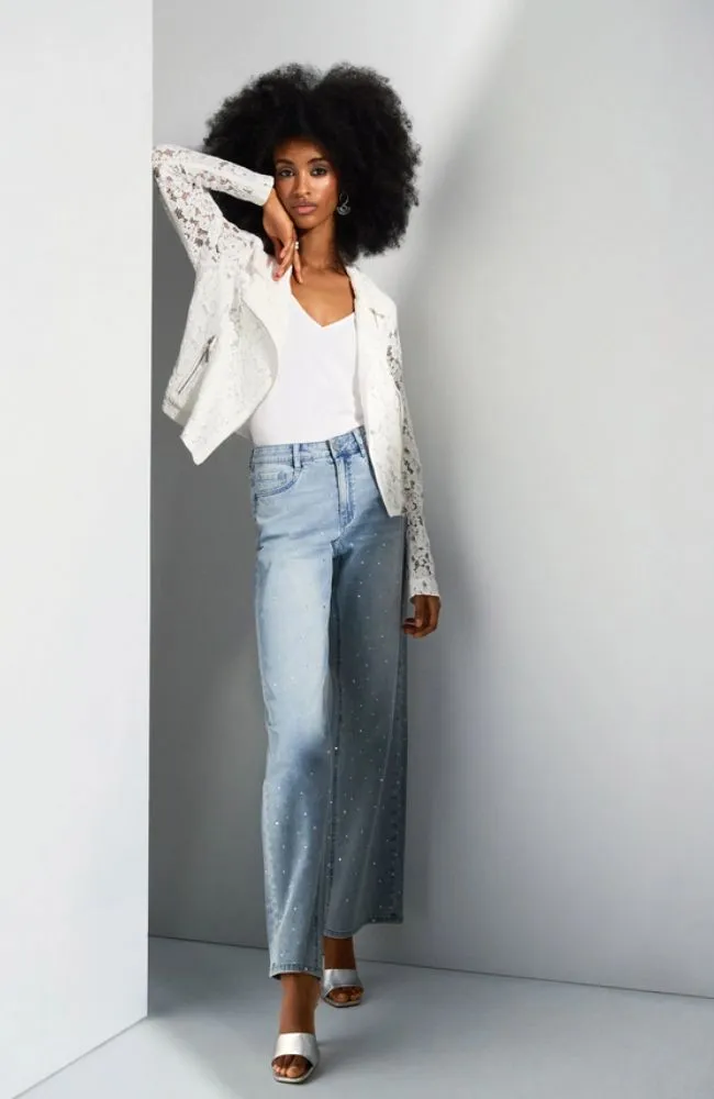 Classic Wide Leg Stretch Jeans with Crystals