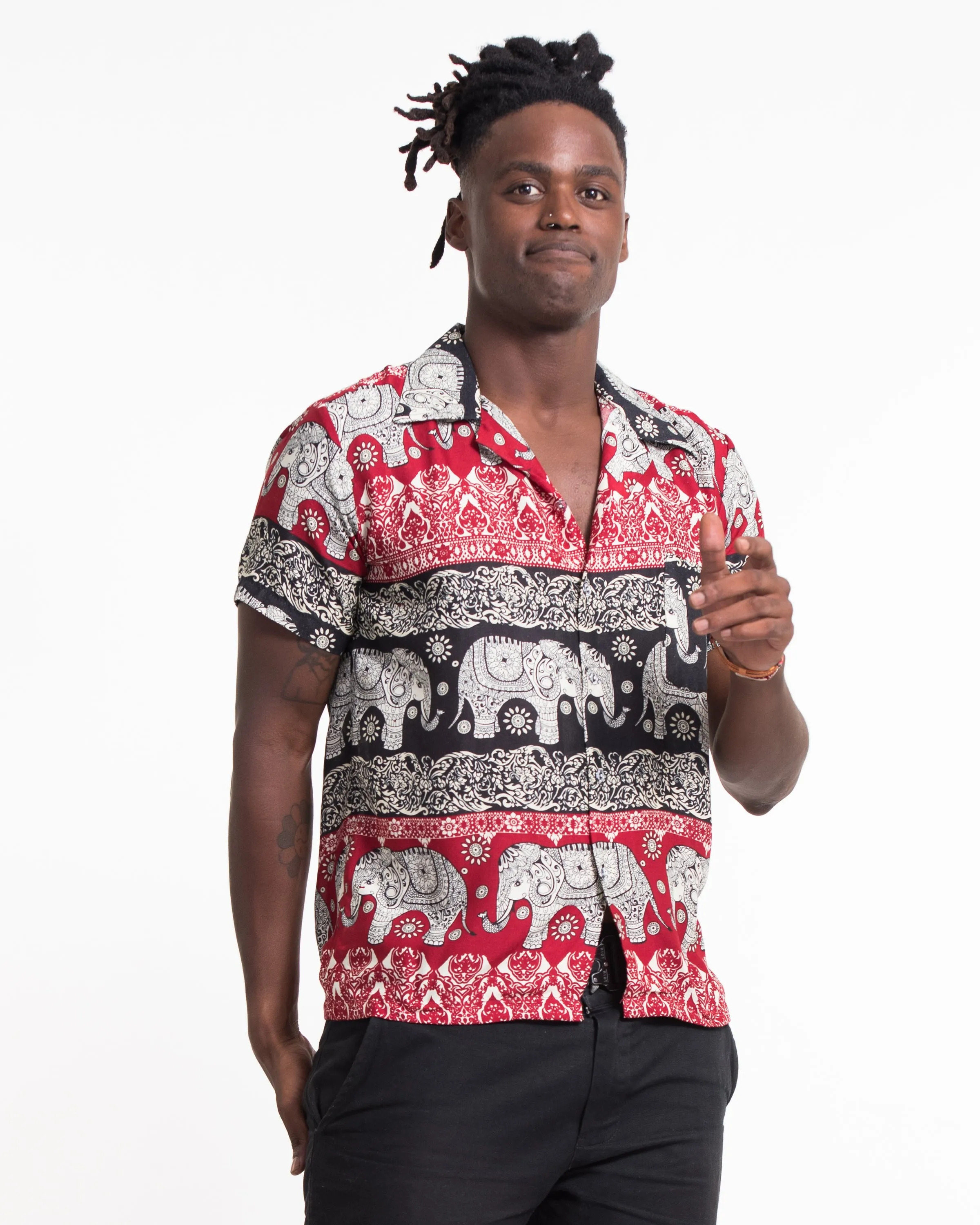 Divine Elephant Short Sleeve Button Shirt in Red
