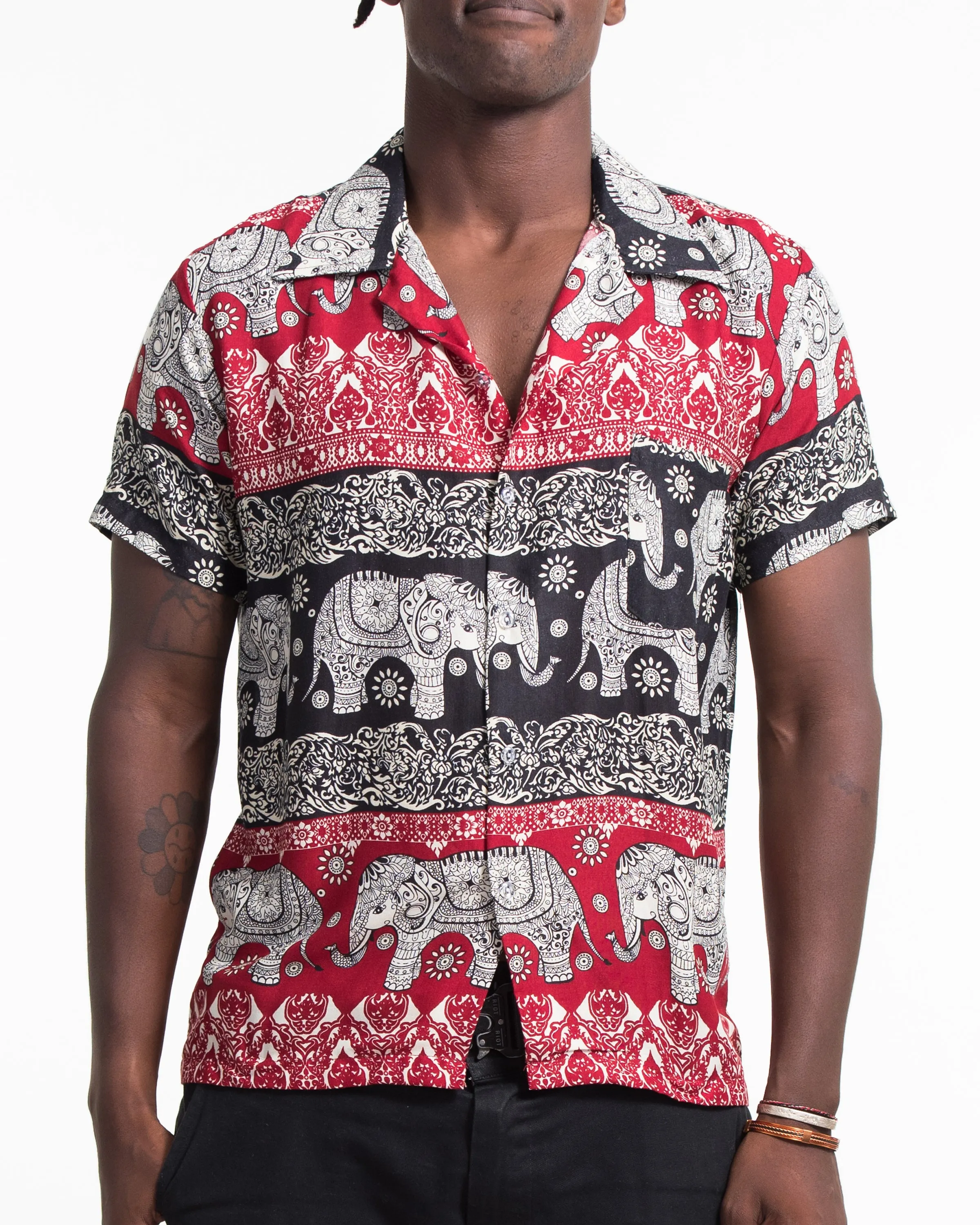 Divine Elephant Short Sleeve Button Shirt in Red