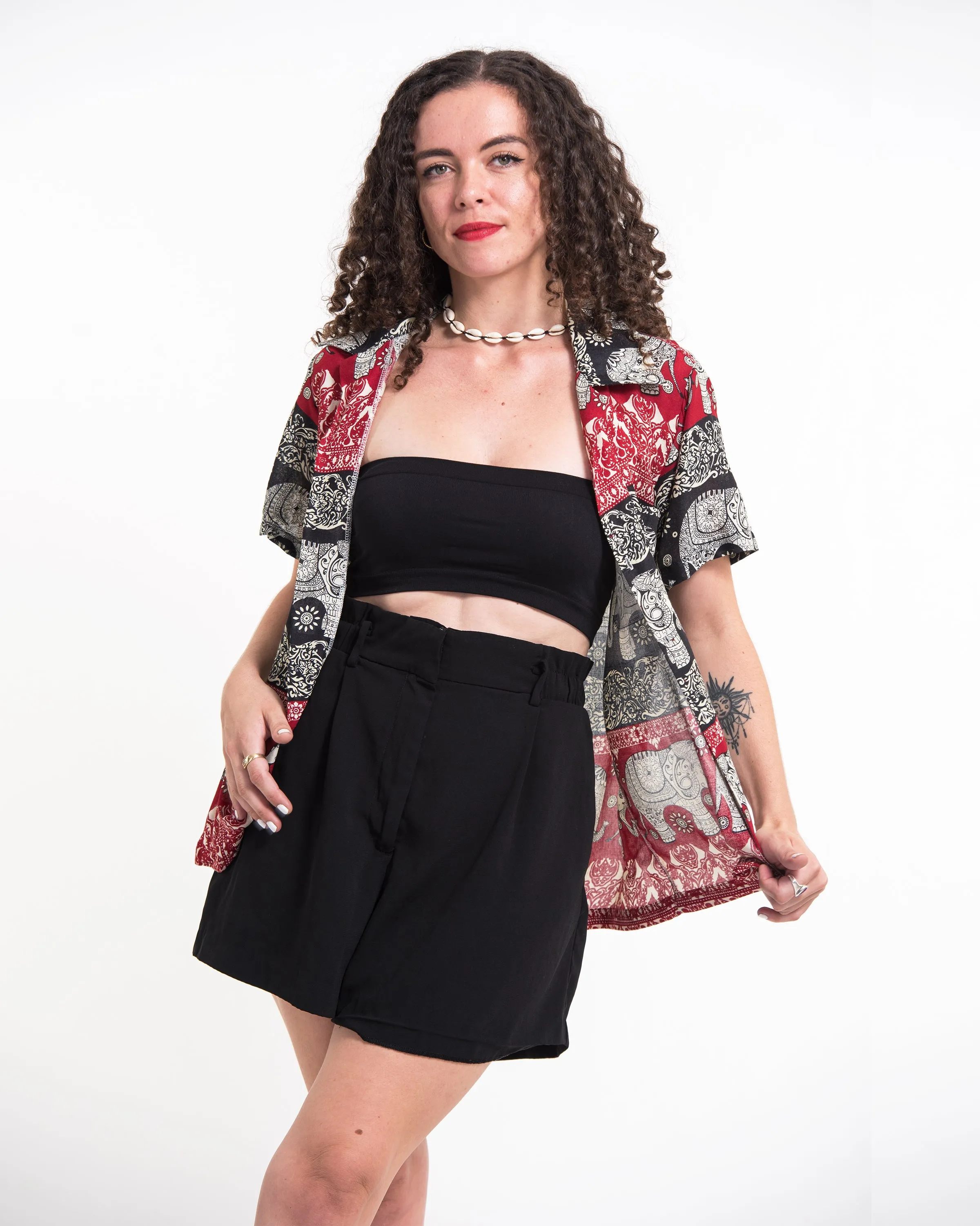 Divine Elephant Short Sleeve Button Shirt in Red