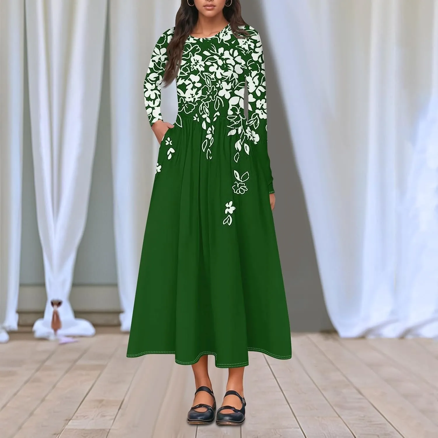 Dresses for Women 2025 Spring Long Sleeve V Neck Midi Flowy Trendy Casual Boho Office Cruise Dress