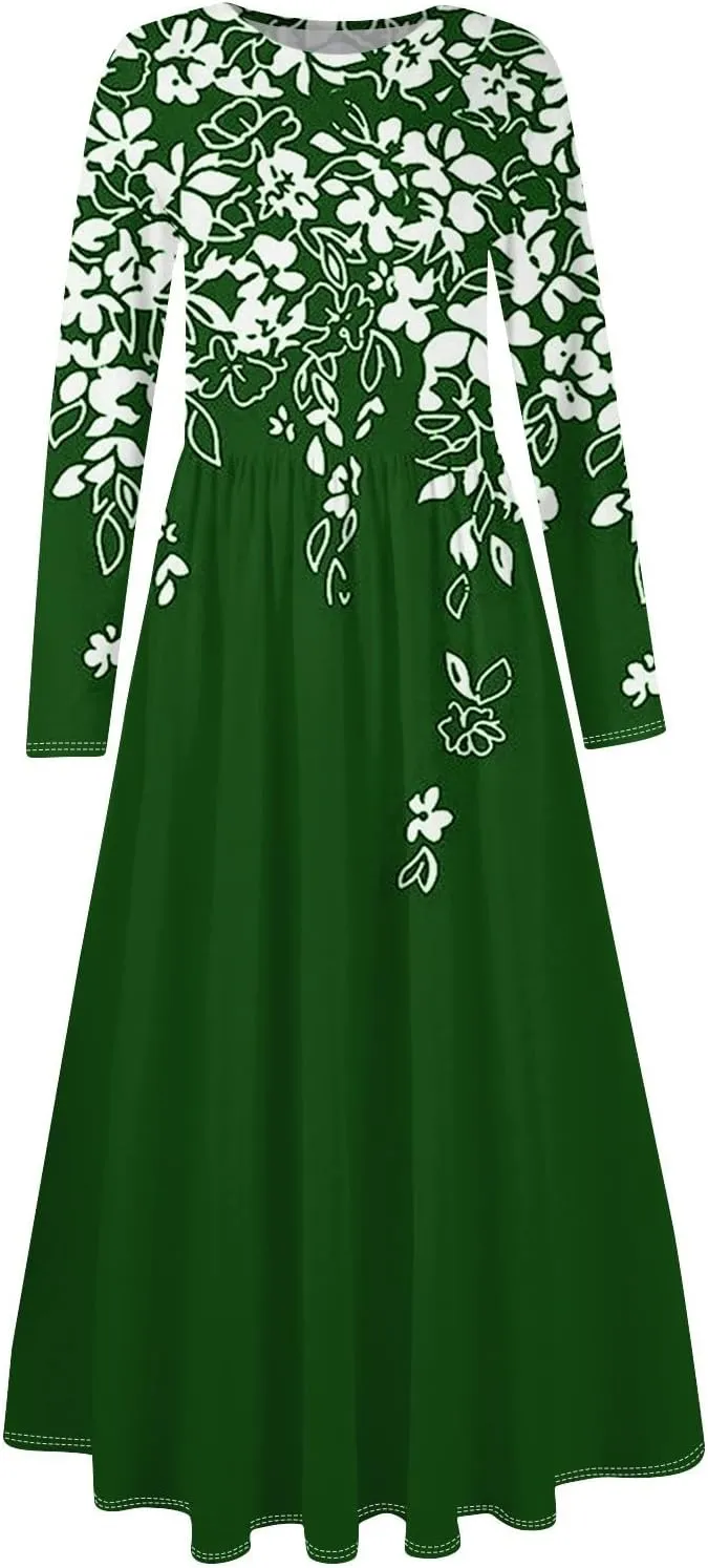 Dresses for Women 2025 Spring Long Sleeve V Neck Midi Flowy Trendy Casual Boho Office Cruise Dress