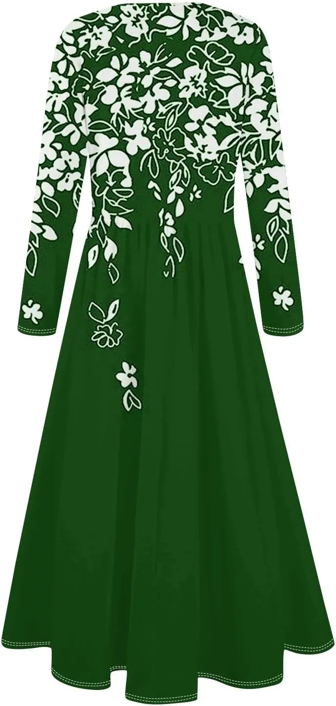 Dresses for Women 2025 Spring Long Sleeve V Neck Midi Flowy Trendy Casual Boho Office Cruise Dress