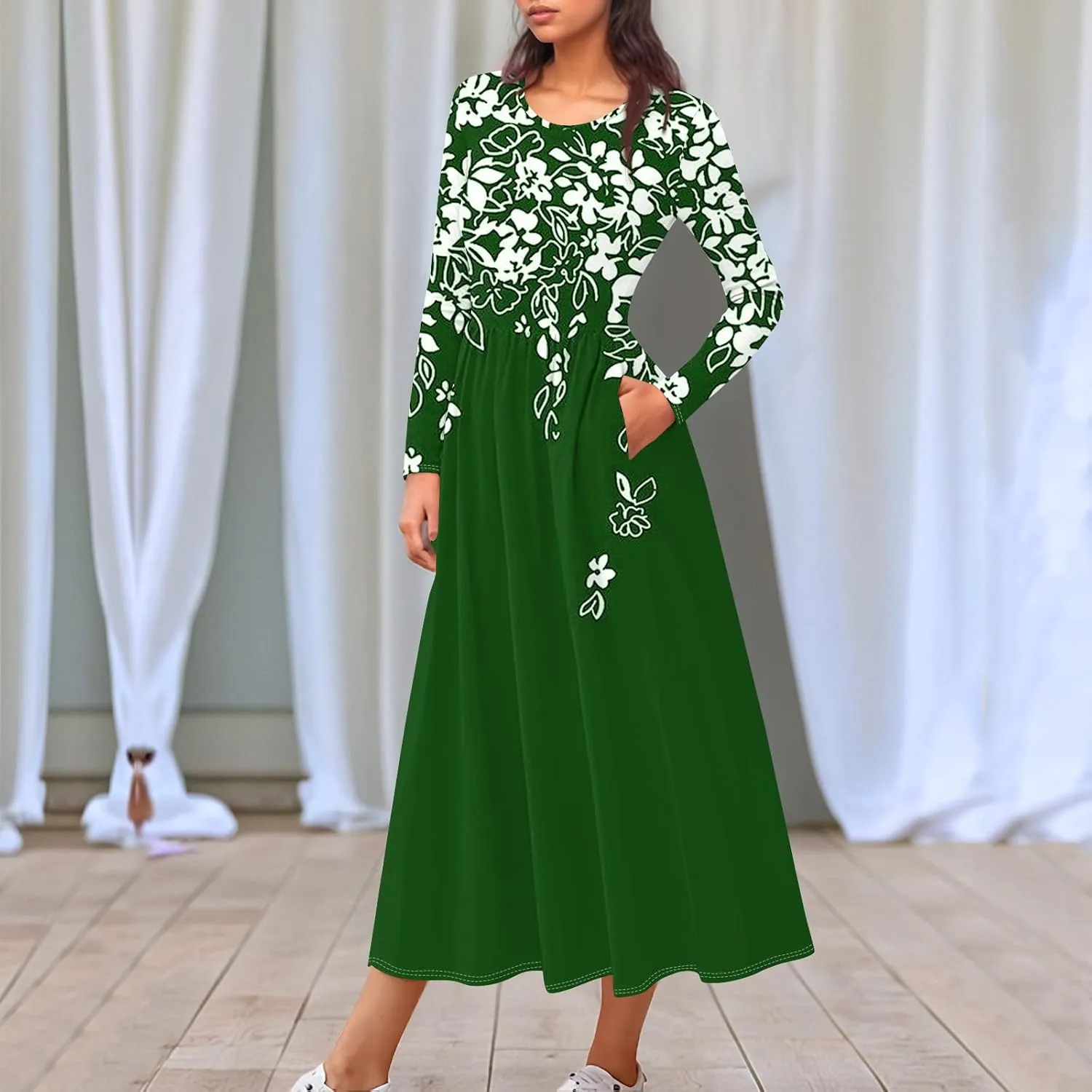 Dresses for Women 2025 Spring Long Sleeve V Neck Midi Flowy Trendy Casual Boho Office Cruise Dress