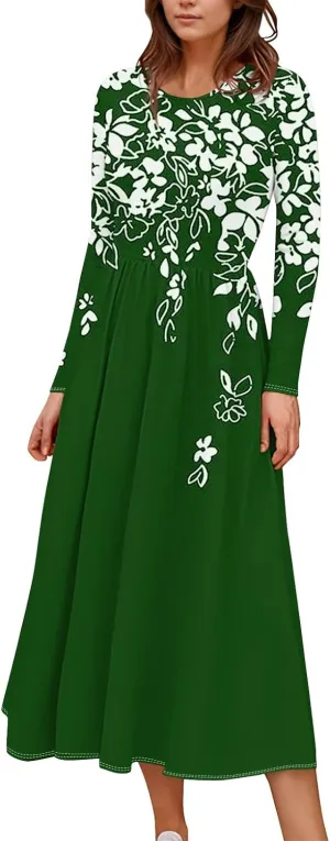 Dresses for Women 2025 Spring Long Sleeve V Neck Midi Flowy Trendy Casual Boho Office Cruise Dress