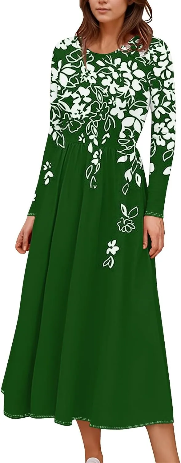 Dresses for Women 2025 Spring Long Sleeve V Neck Midi Flowy Trendy Casual Boho Office Cruise Dress