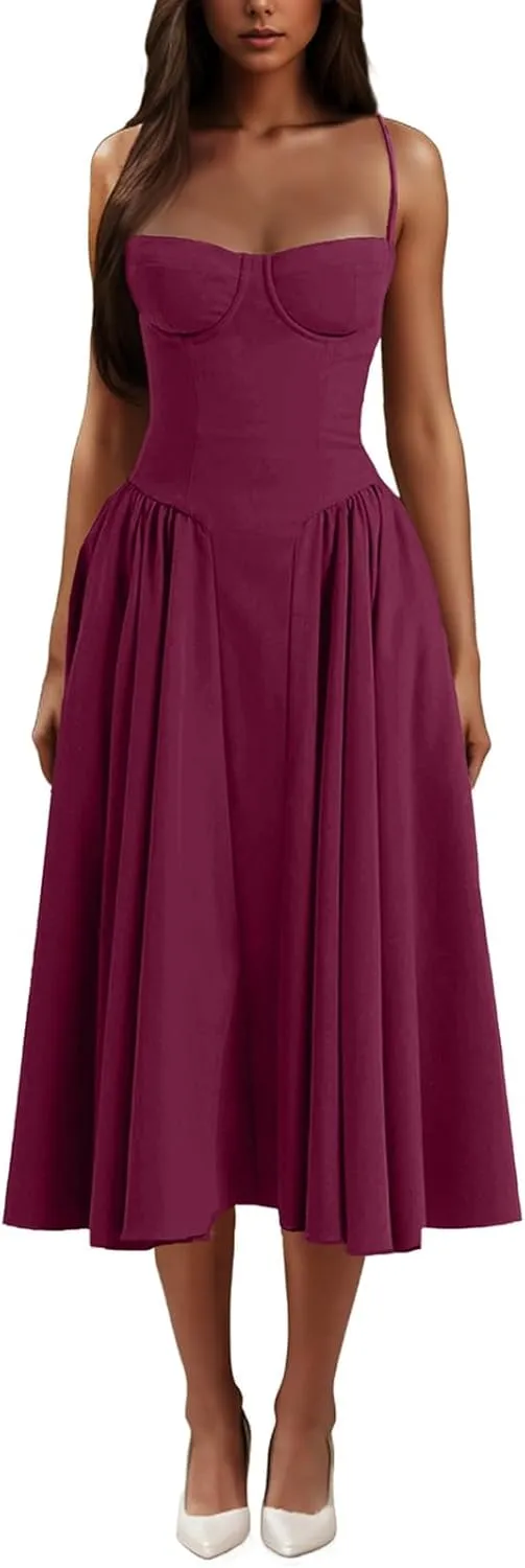 Dresses for Women Elegant Spaghetti Strap Midi Dress Pleated Low Cut Bustier Off Shoulder Dresses