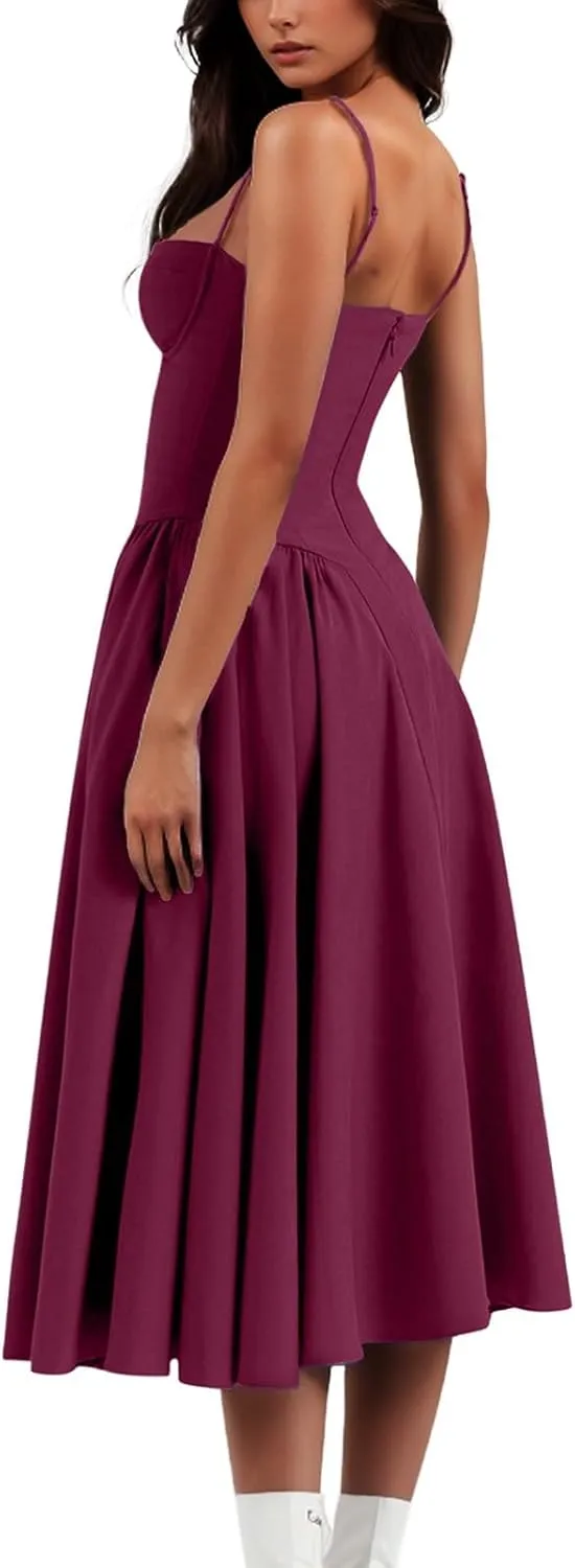 Dresses for Women Elegant Spaghetti Strap Midi Dress Pleated Low Cut Bustier Off Shoulder Dresses