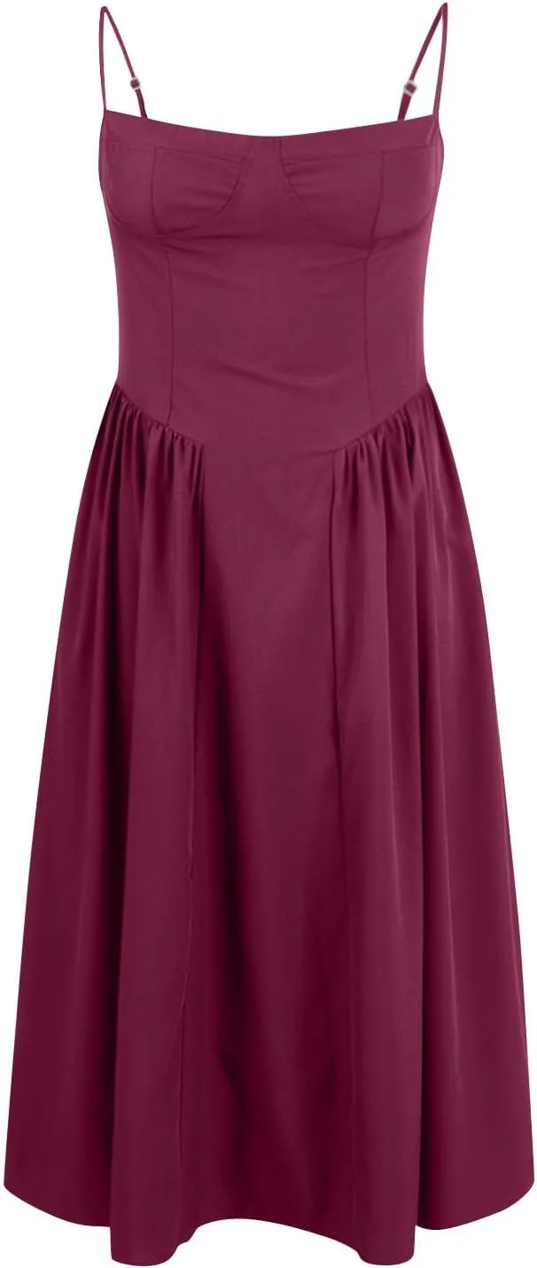 Dresses for Women Elegant Spaghetti Strap Midi Dress Pleated Low Cut Bustier Off Shoulder Dresses