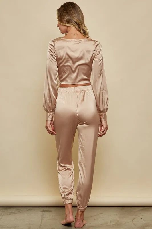 Elegant Bronze Satin Top with Long Sleeve
