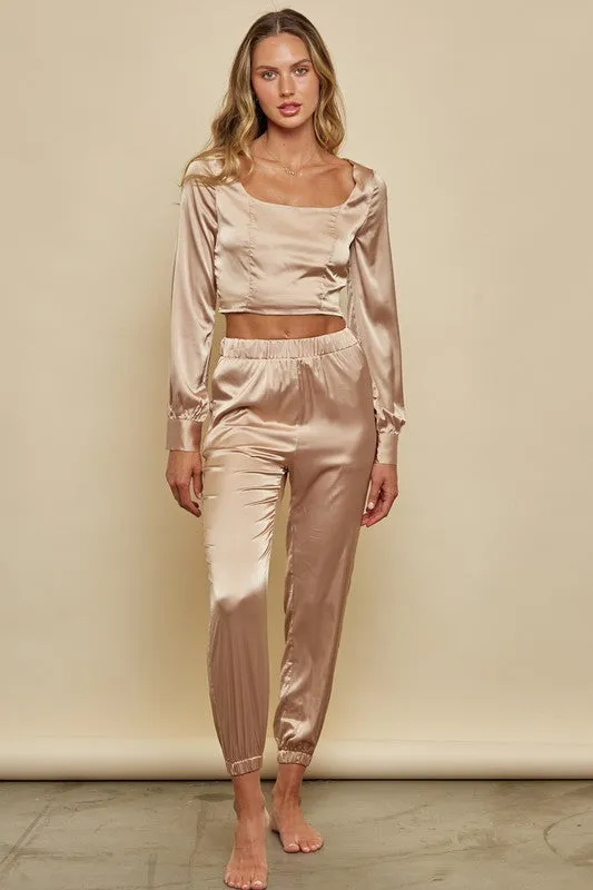 Elegant Bronze Satin Top with Long Sleeve