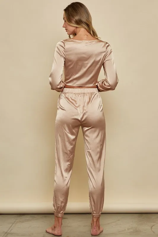 Elegant Bronze Satin Top with Long Sleeve