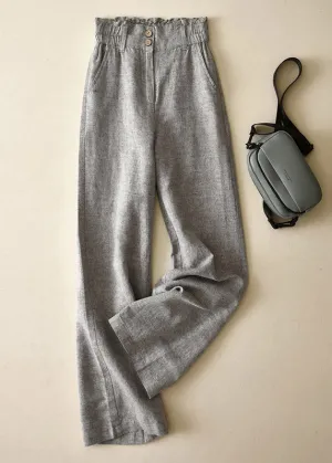 Elegant Grey High Waist Button Linen Straigh Pants Summer LY4531
