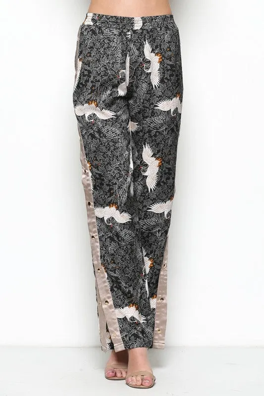 Elegant Oriental Print Black Jogging Pants