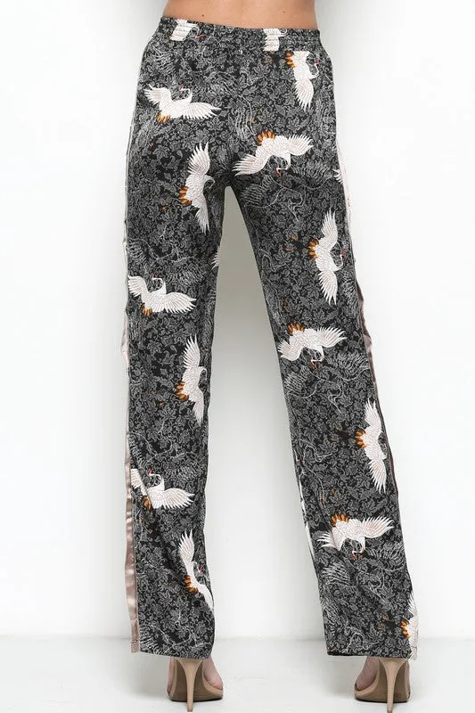 Elegant Oriental Print Black Jogging Pants