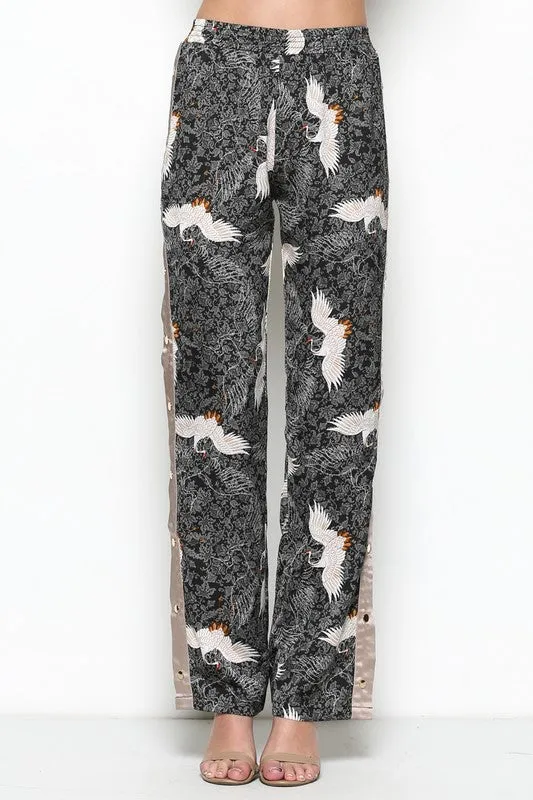 Elegant Oriental Print Black Jogging Pants