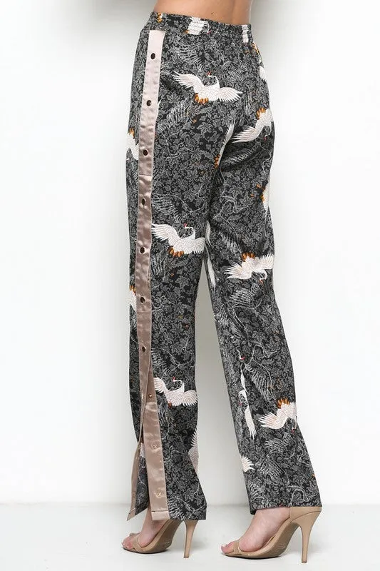 Elegant Oriental Print Black Jogging Pants